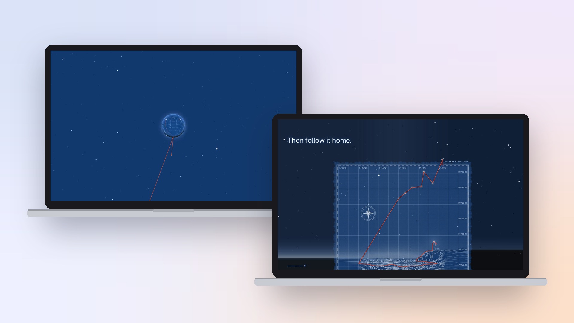 The return in the first version, a small globe in an empty blue field, beside the rebuild, which frames the whole route on the chart.